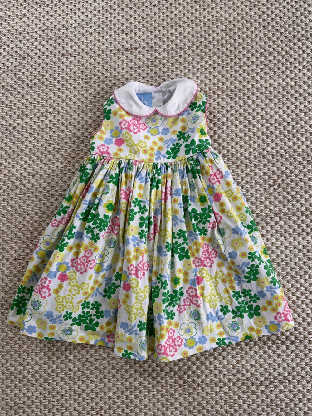 Bella Bliss Floral Bow-Back Dress with Peter Pan Collar in Green, Pink, Yellow